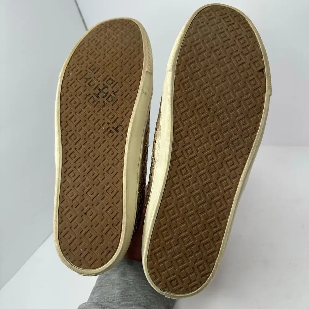 Tory Burch Women size 9.5 Metallic Gold Perforated Leather Slip On Shoes